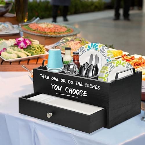 Paper Plate Dispenser with Drawer for Kitchen Countertop, Wooden Paper Plate Holder with Large Cup Holder, Rustic Wood Silverware Caddy Holder, Paper Plate Organizer Kitchen Accessories(Black-Drawer) thumbnail 7