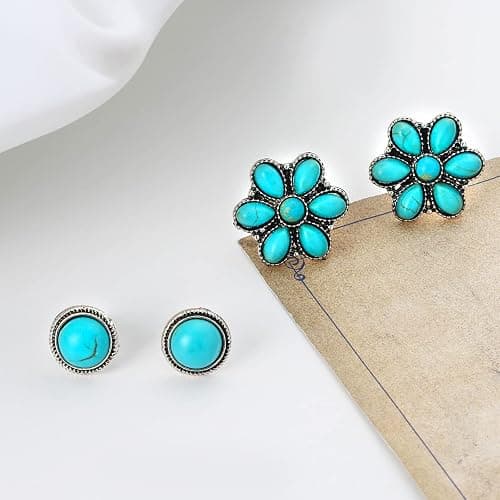NEWITIN 14 Pairs Turquoise Stud Earrings for Women Hypoallergenic Earring ‌Turquoises Jewelry Gemstone Oval Round Flower Shape Square Studs Turquoise Earrings for Women thumbnail 3