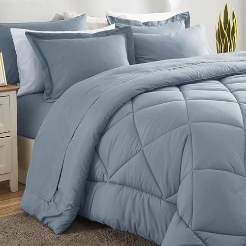 CozyLux Queen Comforter Set Dusty Blue - Bed in a Bag Queen Size 7 Pieces, Luxury Soft Bed Set for All Seasons, Bedding Set with Down Alternative Comforter, Sheets, Pillowcases & Shams, Grayish Blue thumbnail 8
