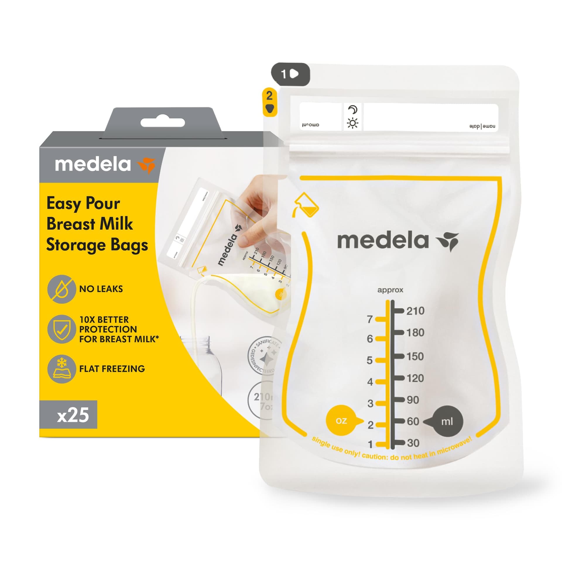 Medela Easy Pour Breastmilk Storage Bags, Disposable Leakproof Breast Milk Bags with Milk Protection, Recyclable & BPA Free, 210ml Capacity, 25 Pack - Image 1