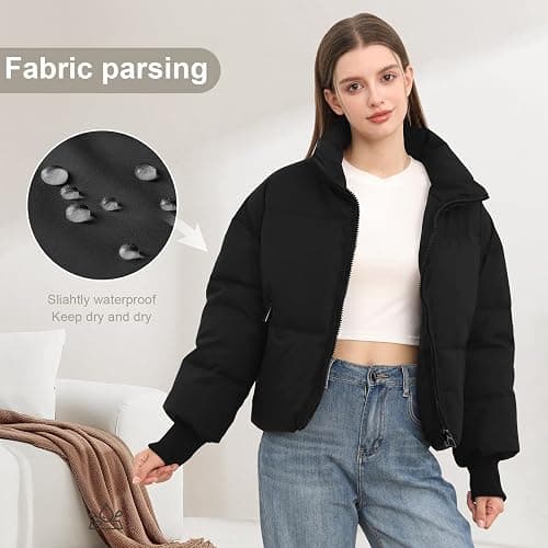 Women’s Winter Cropped Puffer Jacket Coat Casual Quilted Baggy Long Sleeve Zip Down Jackets Outerwear thumbnail 2