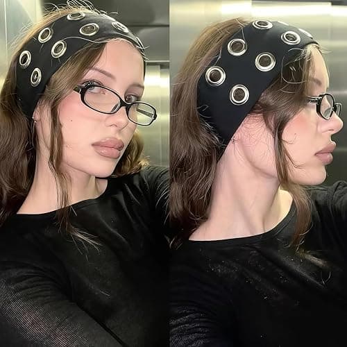 HORNEDI Grommet Headband for Women,Hollow Eyelet Elastic Headband,Wide Black Hollow Out Elastic Hair Band,Eyelets Stretchy Casual Hair Accessory(Black, Adjustable) thumbnail 3