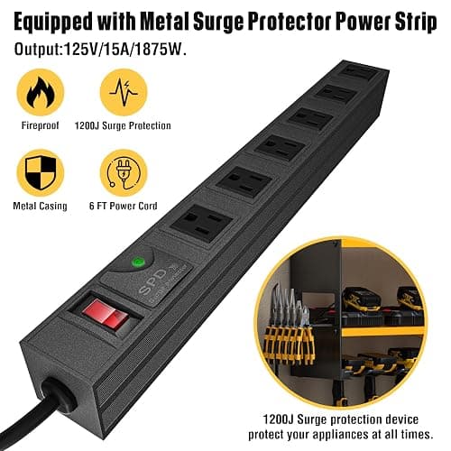 YYR Power Tool Organizer with Charging Station Wall Mount, Cordless Drill and Battery Holder for Garage Organization, Electric Tools Storage Rack Build in Surge Protection Power Strip - Yellow Shelf thumbnail 4
