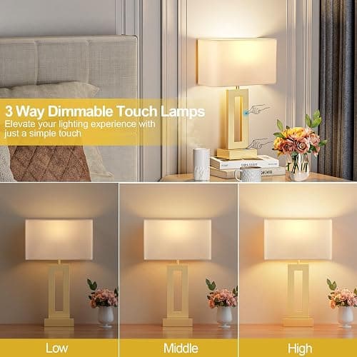Seealle Bedroom Table Lamps Set of 2 - Touch Bedside Lamps with USB C+A, 3 Way Dimmable Gold Lamp for Nightstand, Modern Night Stands Lamps for Living Room End Tables Desk Bed Side Study Room(16.4n) thumbnail 2