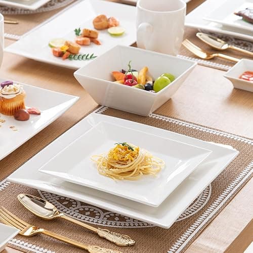 Porlien 16-Piece Classic Square Dinnerware Set for 4-Square Dinner Plates, Dessert Plates, Bowls & Dipping Saucers, Off White Dishes for 4 thumbnail 7