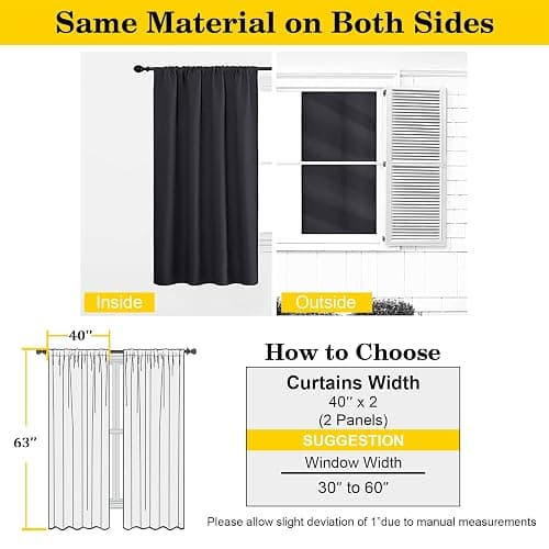 WelvetBLK Black Blackout Curtains for Bedroom Living Room 63 Inch Length 2 Panels Set, Soft Solid Room Darkening Thermal Insulated Window Treatments, Rod Pocket Dining Room Curtains, Black, 40"Wx63"L thumbnail 2