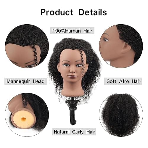 100% Human Hair Mannequin Head Kinky Curly Head Mannequin Real Hair Cosmetology Doll Head for Hair-styling Practice Manikin Training Head With Clamp Stand thumbnail 4