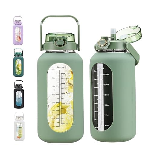 chunmo 74 oz Glass Water Bolttles with Straw Large Motivational Water Bottle with Time Marker Sports Water Bottles with Silicone Sleeve and Handle Lid 2.2L Water Jug for Gym Workout - Image 1