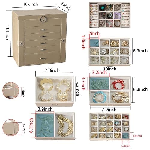 BOOVO Jewelry Box For women, 6 Layer Large Jewelry Organizer With Mirror, Multi-Function Storage Box With Lock, Accessory Holder With 5 Drawers, For Earrings Necklace Ring Bracelet (Pale gold) thumbnail 3