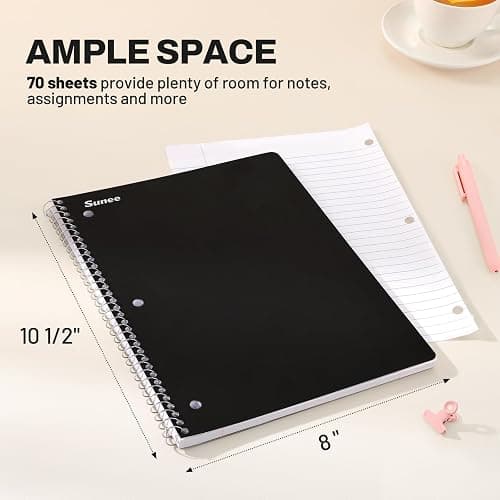SUNEE Spiral Notebooks, 3 Pack, 1-Subject, College Ruled Paper, 8" x 10-1/2", 70 Sheets per Notebook, Black thumbnail 3