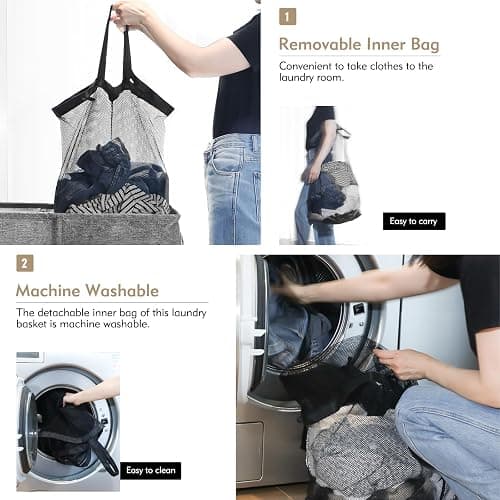 DOKEHOM 150L Double Laundry Basket with Lid and Removable Laundry Bags, Large Collapsible Laundry Hamper with 2 Sections for Bedroom, Bathroom, Laundry Room, Colloge (Grey) thumbnail 5