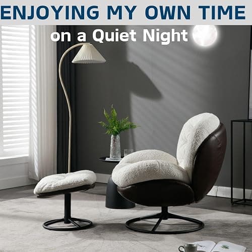 ZH4YOU Swivel Sherpa Accent Chair with Ottoman, Mid Century Modern Lounge Chair with Footrest, Comfy Reading Chair with 360 Degree Metal Base for Small Space/Living Room/Bedroom, White Fur thumbnail 5