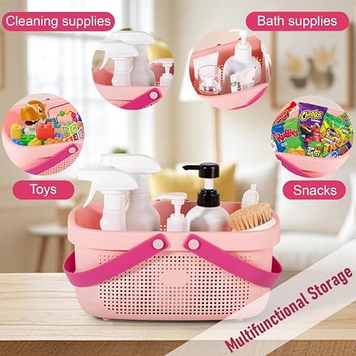JiatuA Plastic Storage Basket with Handle Portable Shower Caddy Tote Organizer Basket Bin for Bathroom Kitchen Dorm Room Bedroom, Light Pink thumbnail 3