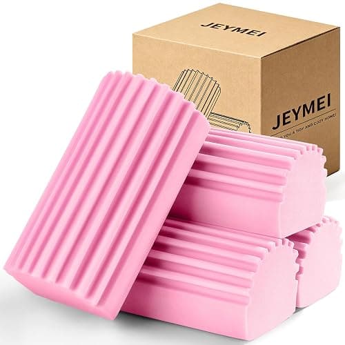 Jeymei Damp Clean Duster Sponge,4Pcs Pink Dust Sponge for Cleaning | Damp Dusting Sponge with Ridges,Baseboard Cleaning Tool,Reusable Wet Duster Sponge,Household Cleaning Sponges for Blinds - Image 1