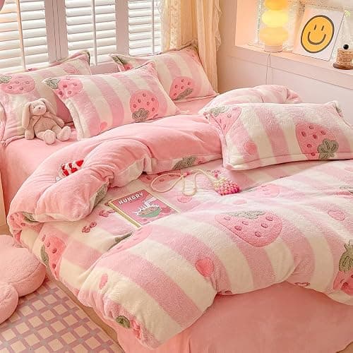 OranFran Pink Strawberry Kids Duvet Cover Set Cute Kawaii Bedding Set Twin Size Snowflake Fluffy Comforter Cover Blanket Soft Reversible Duvet Cover Room Decor (Strawberry,Twin) thumbnail 5