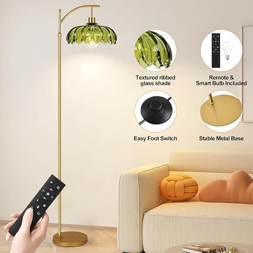 Gold Floor Lamps for Living Room Glass Vintage Floor Lamp with Remote Control,Dimmable Mid Century Modern Standing Lamp with 3 Color Temperature Tall Flower Lamp Brass Floor lamp for Bedroom Corner thumbnail 8