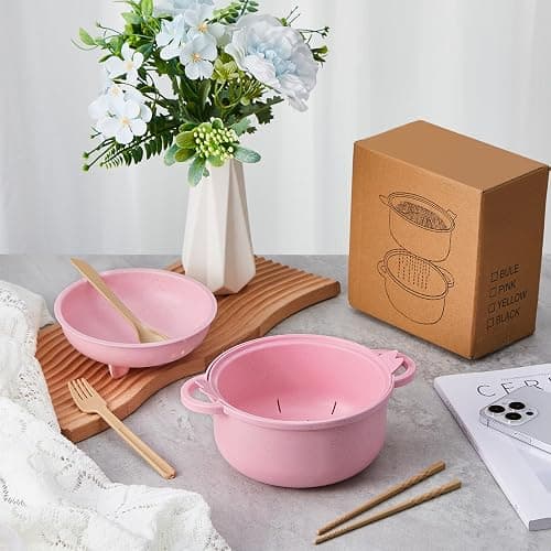 Romooa 1 Set Large 45oz Cute Ramen Bowl Set Microwavable Pig Ramen Noodle Cooker Wheat Straw Bowl with Strainer Lid Spoon Chopsticks Fork Back to School Gift for Dorm College (Pink) thumbnail 7