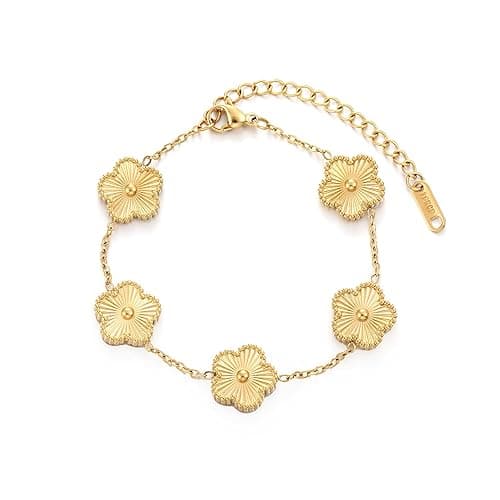 TICVSS Four Leaf Clover Bracelet for Women 18K Gold Plated Stainless Steel Lucky 4 Leaf Gold Link Bracelet Jewelry Gift for Women - Image 1