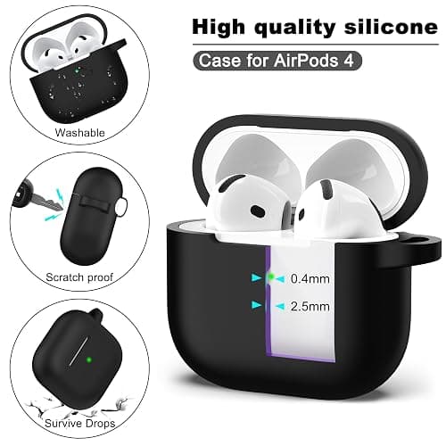 R-fun for AirPods 4 Case Silicone Cover, Black | Compatible with Apple AirPods 4th Generation with Keychain & Cleaner Kit, Wireless Charging Compatible thumbnail 6
