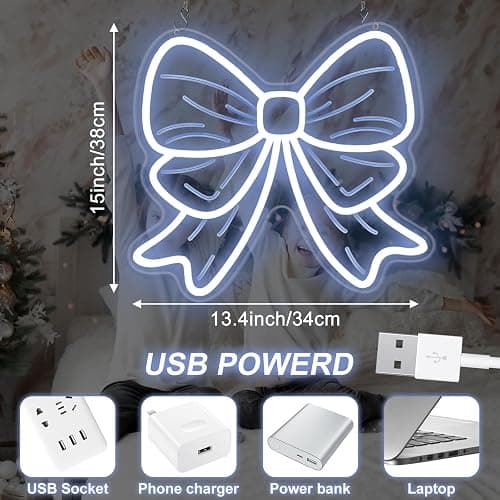 Bow Neon Sign LED Lights for Wall Decor Girls Room Beauty Salon Christmas Tree Bow Decoration Warm White Bow Light Sign 15″ × 13.4″ thumbnail 2