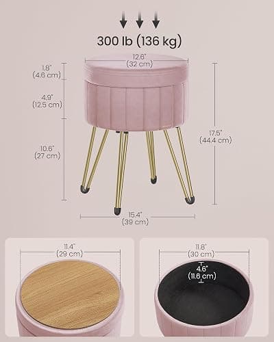 SONGMICS Vanity Stool Chair, Small Ottoman Stool with Storage, Velvet Makeup Stool, 15.4 Dia. x 17.5 H Inches, Jelly Pink ULOM003R01 thumbnail 3