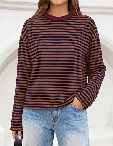 LOMON Striped Long Sleeve Shirt Women Y2k Oversized Crewneck Fall Spring Drop Shoulder Vintage Tops Teen Girl Clothes thumbnail 2