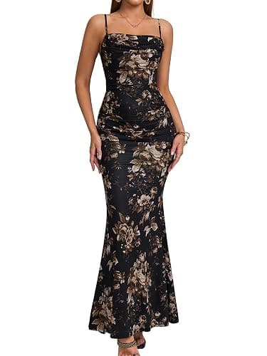 EYNMIN Women's Sleeveless Bodycon Corset Maxi Dress Spaghetti Strap Ruched Elegant Evening Wedding Guest Long Formal Dresses - Small - Black Floral - Image 1