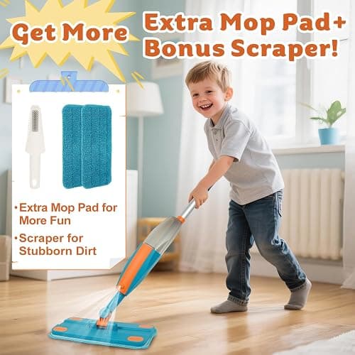BAYMI Kids Spray Mop - Real Working Toddler Cleaning Toy Set with Water Sprayer & 2 Washable Pads - Montessori Mini Mop & Sweeper - Interactive Learning Toys for Kids Ages 3+ thumbnail 4