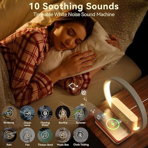 Vivilumens Sunrise Alarm Clock Wireless Charger, 10 White Noise Sound Machine Alarm Clock with 30/60/90 Mins Timer, 3 Levels Touch Night Light Dual Clocks for Heavy Sleeper Bedroom Decor Gift for Her thumbnail 5