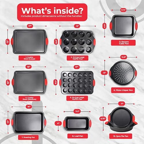 PERLLI Non-Stick 10-Piece Baking Pan Set, BPA-Free Carbon Steel Bakeware Set with Silicone Handles, Stackable Kitchen Oven Set, Cookie Sheet, Baking Tray, Baking Sheet Set, Oven Safe (446°F) thumbnail 2
