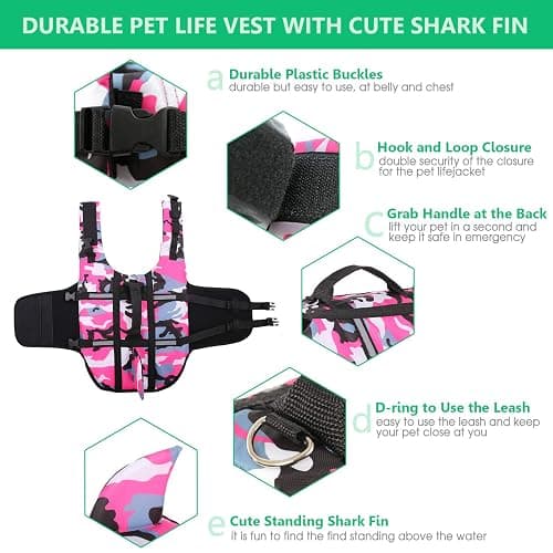 Queenmore Dog Life Jacket Pet Safety Vest High Buoyancy Camouflage Color Cute Shark with Strong Rescue Handle and Leash Ring for Boating, Canoeing, Surfing, Hunting thumbnail 3