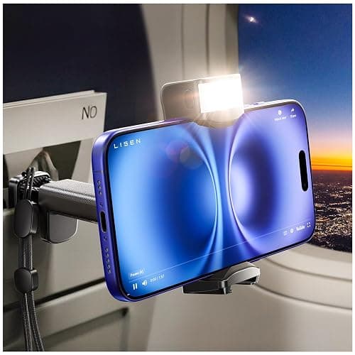 LISEN Best Airplane Tech Gadgets Tech Accessories Airplane Phone Holder (LED Light) Travel Essentials for Flying Gifts for Women Her Long Flight Travel Accessories for Women Men Selfie Photography - Image 1