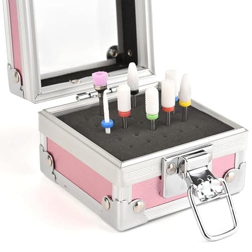 Rolabling Professional 25 Holes Nail Drill Bits Box Container Nail Drill Grinding Bit Holder Nail Polish Head Storage Box Nail Tools Organizers Container Display Storage Box Manicure Tool (Pink) thumbnail 3