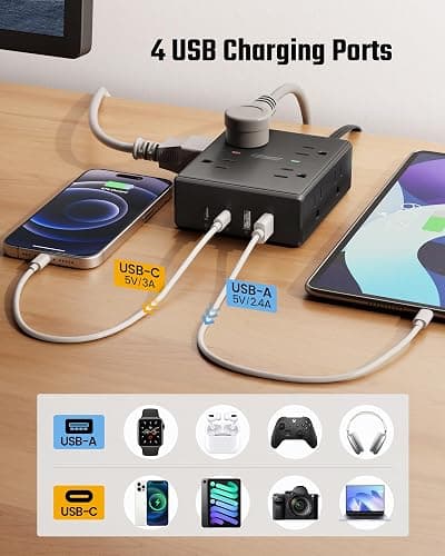 10Ft Extension Cord with Multiple Outlets, Flat Plug Power Strip Surge Protector with 10 Ft Long Cord, 8 Outlet 4 USB Ports (2 USB C), Multi Outlet Wall Plug for Office, College, Dorm Room Essentials thumbnail 4