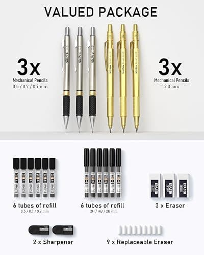 Nicpro Gold Art Mechanical Pencil Set, Metal Drafting Pencil 0.5, 0.7, 0.9mm & 2mm Lead Holder(2B HB 2H) For Sketching Drawing With Lead Refills Case thumbnail 4