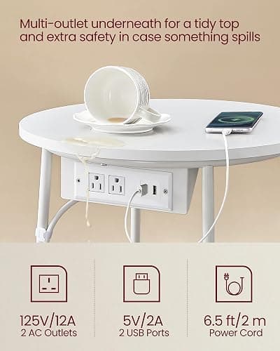 VASAGLE LILEA Collection - Side Table with Charging Station, Round End Table with Fabric Basket, Nightstand with USB Ports, for Living Room, Bedroom, Modern, Matte White and Camel Brown ULET228W01 thumbnail 5