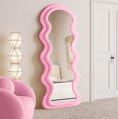 BOJOY Full Length Mirror 63"x24", Irregular Wavy Mirrors, Wave Arched Floor Mirror, Wall Mirror Standing Hanging or Leaning Against Wall for Bedroom, Flannel Wrapped Wooden Frame Mirror-Pink thumbnail 3