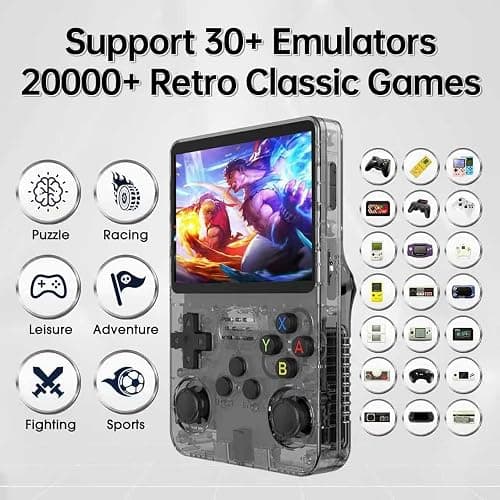 R36S Retro Spielkonsole, 3,5 Zoll IPS Bildschirm, 128GB Speicher, 40.000 Vorinstallierte Spiele, Tragbare Handheld Konsole für Kinder und Erwachsene, Multi-Emulator Unterstützung, Violett (Black) thumbnail 2