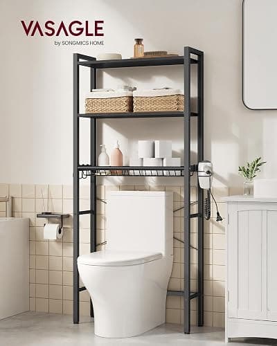 VASAGLE Over the Toilet Storage, Over Toilet Bathroom Organizer with Adjustable Shelves and Basket, 3 Hooks, Space Saving, 9.4 x 23.6 x 63 Inches, Ebony Black UBTS113BE01S thumbnail 4