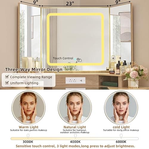Lerliuo LEYAOYAO Fluted Makeup Vanity Desk with Mirror and Lights, 43.5'' Blue Vanity Table with Glass Top and Power Outlet, Make Up Vanity with 6 Drawers and Adjustable Shelves for Bedroom thumbnail 3