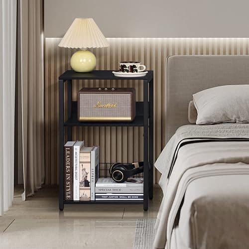 LELELINKY Black End Table, Small Side Table with Metal Frame,Modern Record Player Stand with Storage Shelf, Wood 3 Tier Sofa Bedside Tables, Narrow Nightstand for Living Room Bedroom Office thumbnail 4