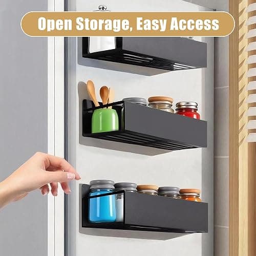 Cosy Family 4-Pack Strong Magnetic Metal Spice Rack Organizer for Refrigerator & Oven - Rustproof Black Fridge Shelves with Hooks for Kitchen Storage & Organization thumbnail 7