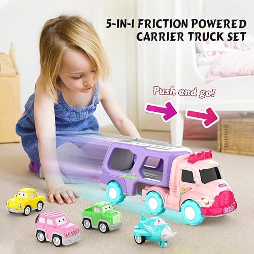 LASCOTON Toys for 1 2 3 Year Old Girl, 5-in-1 Carrier Truck for Toddler Girl, Friction Power Toy Cars with Light & Sound, Birthday Gifts, Pink - Pink thumbnail 4