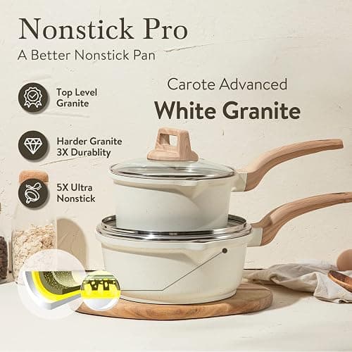 CAROTE 1.5Qt & 3.0Qt Sauce Pan Sets with Lid Cooking Pots Nonstick Saucepans Cookware Set with Pour Spout Small Kitchen Pot, Induction Comptable, Easy to Clean, PFOA FREE (White Granite) thumbnail 3