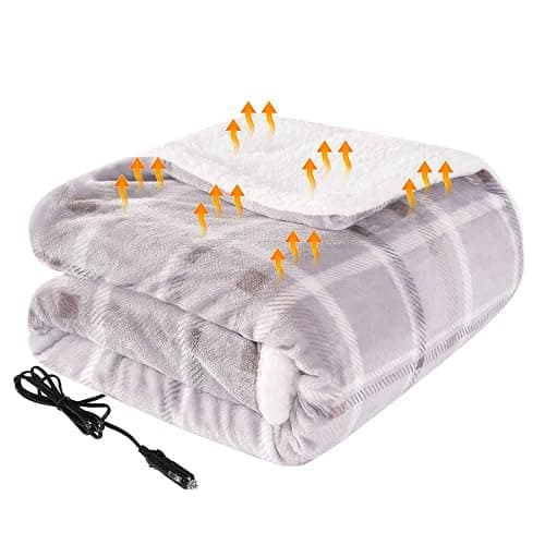 Westinghouse Heated Car Blanket, 12-Volt Electric Blanket for Car, Truck, SUV, RV, Portable Heated Throw for Camping, Beige Buffalo Plaid, 59" x 43” - Image 1