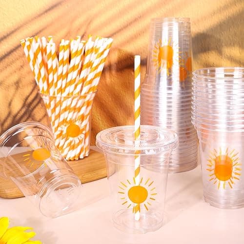 Whaline 50Pcs Boho Sun Disposable Plastic Cups with Lids and Straws 12 Oz Sunshine Cold Beverage Drinking Cups for Birthday Baby Shower Party Supplies thumbnail 2