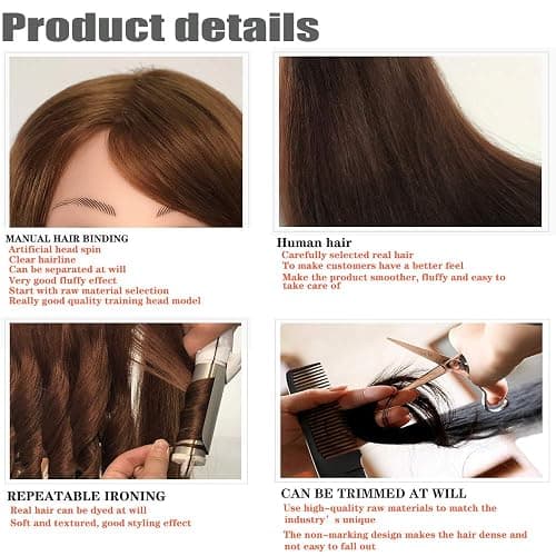 Mannequin Head with 100% Human Hair, SZCY LLC 18" Dark Brown Real Hair Cosmetology Mannequin Head Hair Styling Hairdressing Practice Training Doll Heads with Clamp Holder and Tools thumbnail 5