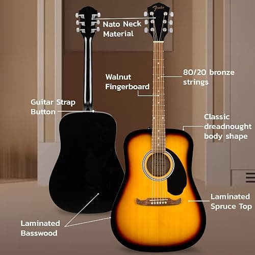 Fender FA-125 Acoustic Guitar - Sunburst Bundle with Gig Bag, Tuner, Strings, Strap, Picks, and Austin Bazaar Instructional DVD thumbnail 5