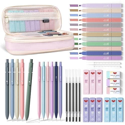 Smallbudi 43PCS Aesthetic School Supplies with Pen Case, 5 Black Ink Gel Pens, 12 Pastel Highlighters, 6 Mechanical Pencil Set 0.5 & 0.7 & 0.9 mm, Back To School Supplies for Students Stationary - Image 1