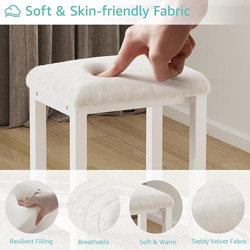 Small Vanity Stool, Cute Vanity Stools with Soft Faux Rabbit Fur Cushion, White Makeup Vanity Chair for Small Spaces, Living Room, Bedroom, Entryway, Ottoman Foot Rest for Couch Sillas Modern thumbnail 7